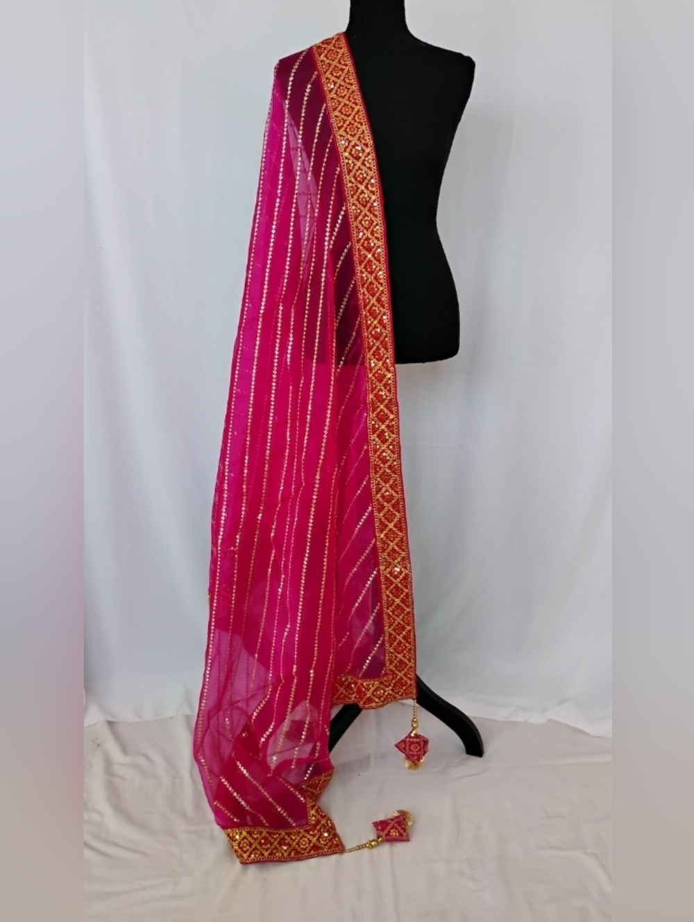 Embroidered Leheriya Pink  Dupatta with Gold Border